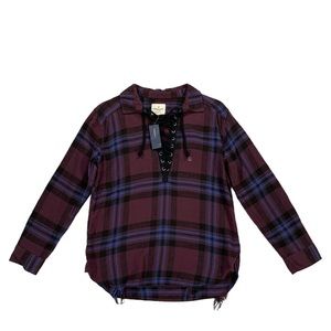 American Eagle Women’s Oversized Distressed Purple Lace Up Flannel Shirt Size S